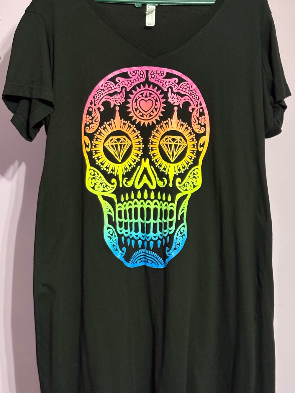 Women’s Black V-Neck Short Sleeve Tee with Neon Rainbow Sugar Skull Graphic